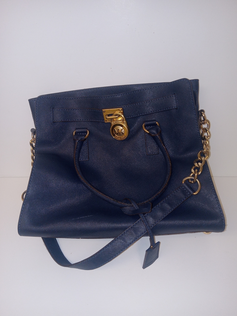 Michael Kors Navy Leather Hamilton Satchel Purse with Gold Lock